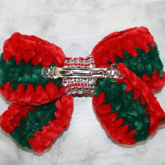 HAND CRAFTED Hairbow Kids Christmas Crochet Chenille Velvet Hair Barrette Stripe - Picture 5 of 12